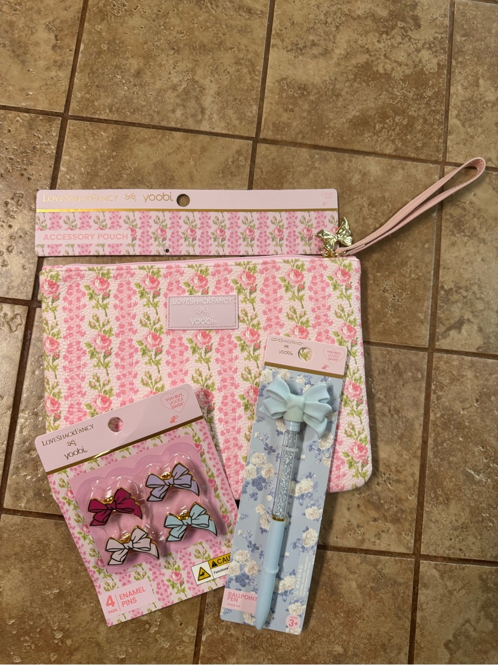 LoveShackFancy Accessory/Pencil Pouch, 4 Bow Pins, and Blue Pen